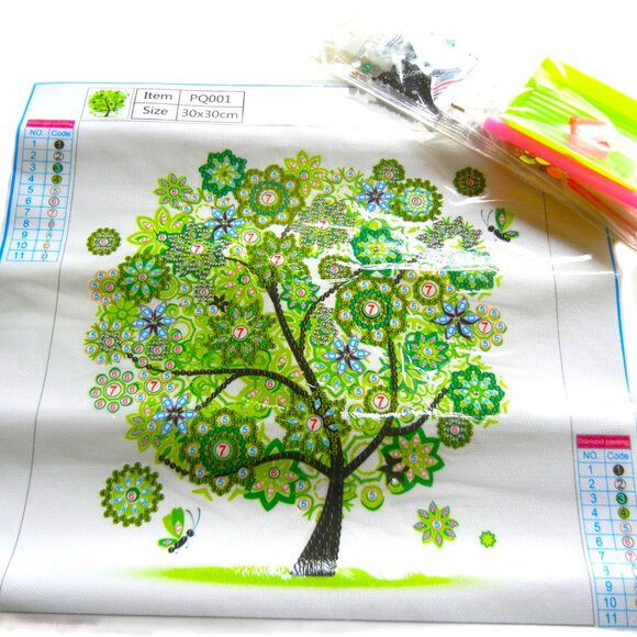 DIY Crystal Bead Kit TREES 12x12 Canvas Crystal Work Pattern BLUE GREEN MULTI - Picture 5 of 7